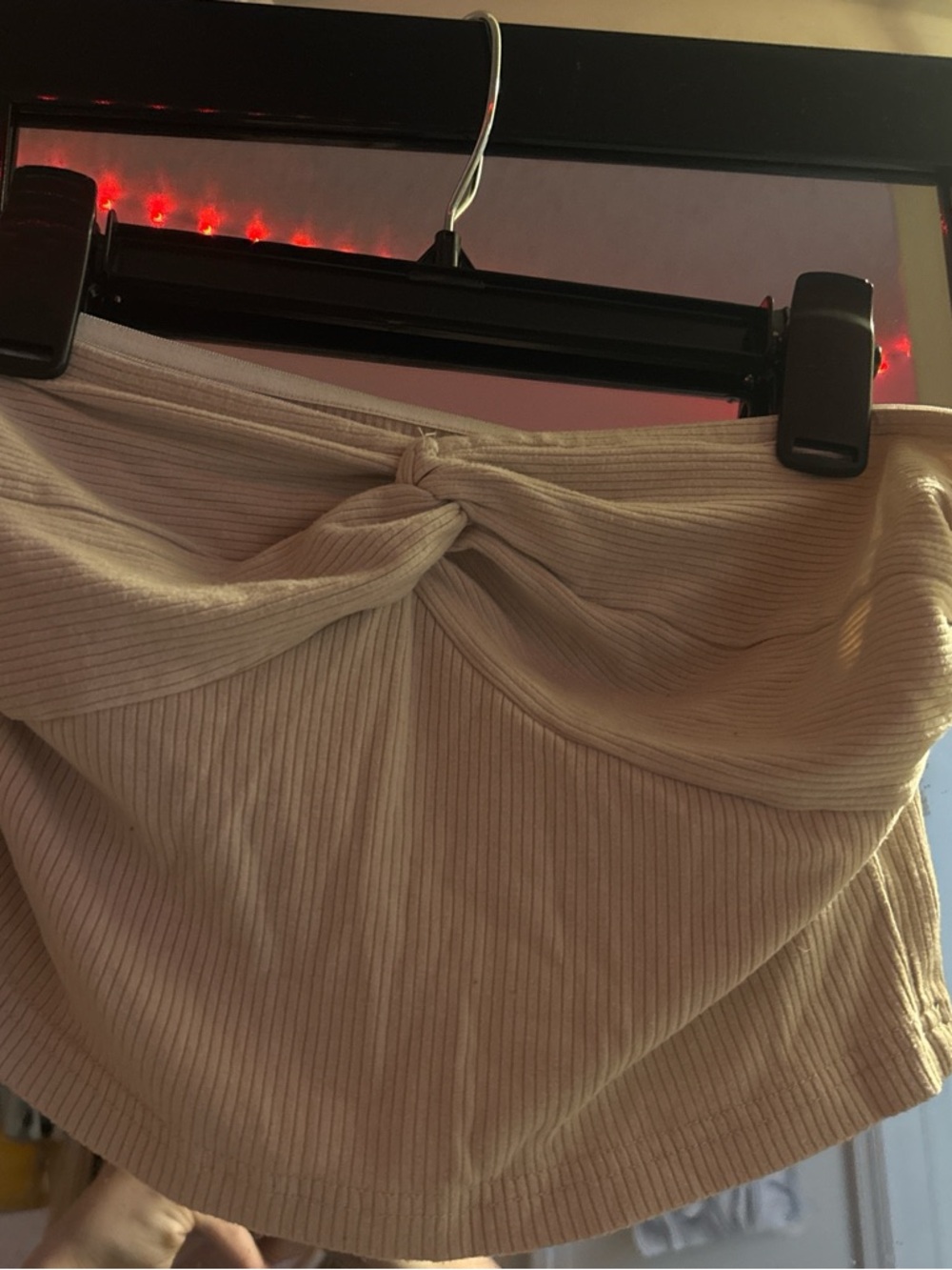 Ribbed Twist-Front Mini Skirt in Beige